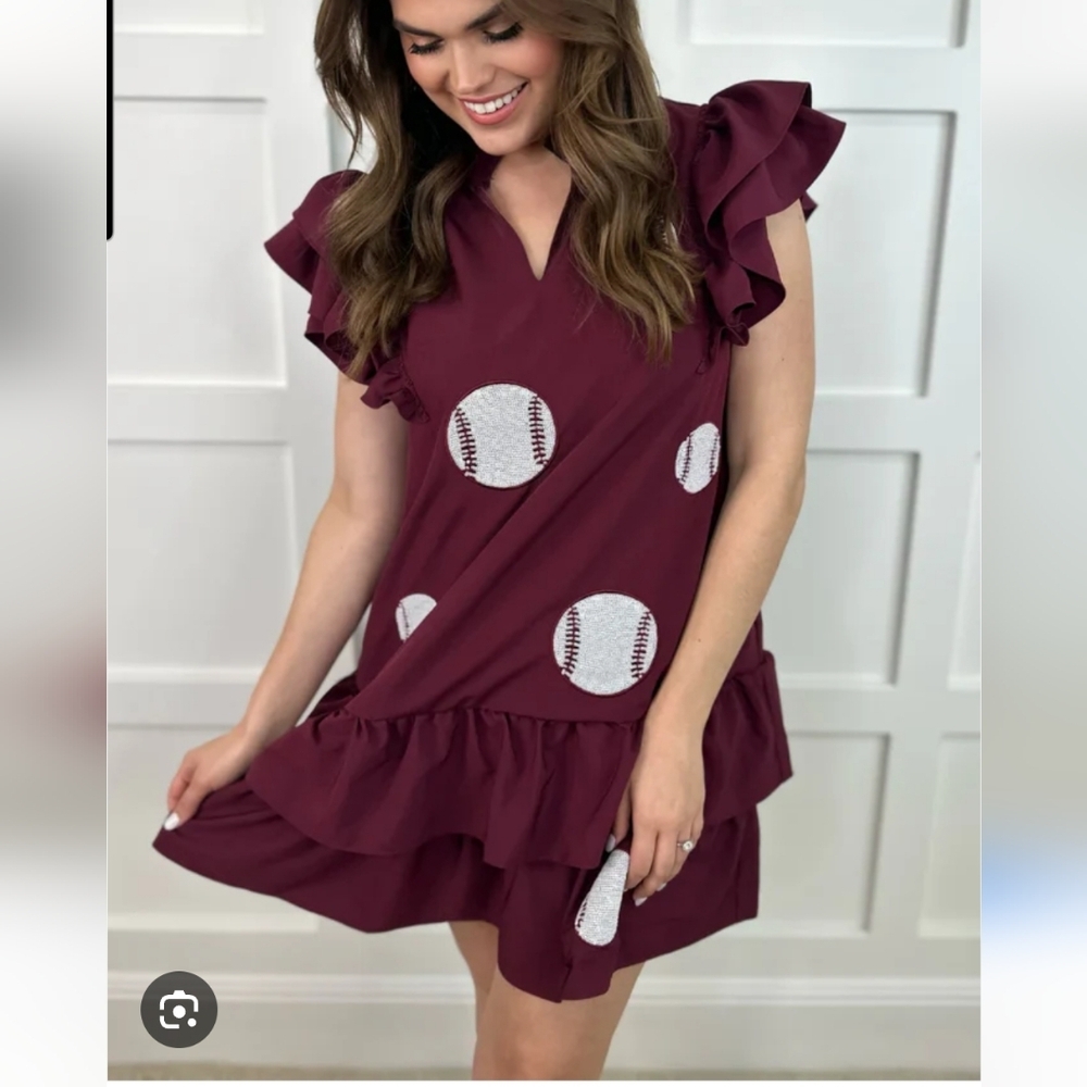 Maroon Baseball Print Ruffle Mini Dress